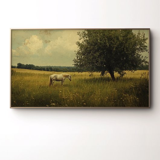 Een witte paard dat graast in een veld poster