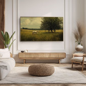 Een witte paard dat graast in een veld poster