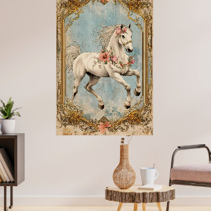 Een witte paard versierd met een bloemenguirlande, poster