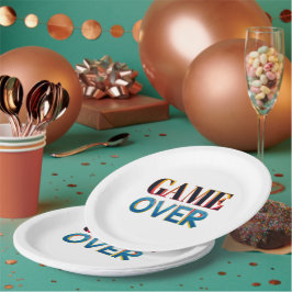 Een witte papieren bord met "GAME OVER" in vet