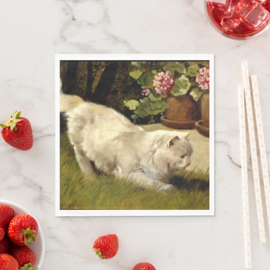 Een witte Perzische kat die een lieveheersbeestje Servet (Insitu)