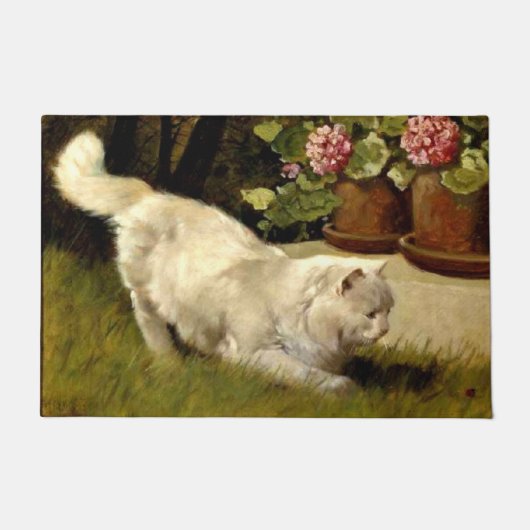 Een witte Perzische kat kijkt naar lieveheersbeest Deurmat (Voorkant)