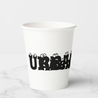 Een witte trandydesign cup met "URBANGLAN" Papieren Bekers