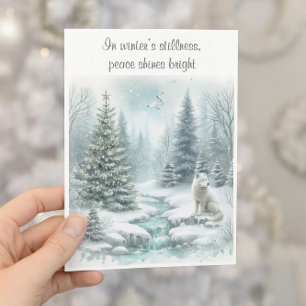 Een Witte Vos in Winter Vredeswensen Kerstkaart Feestdagen Kaart