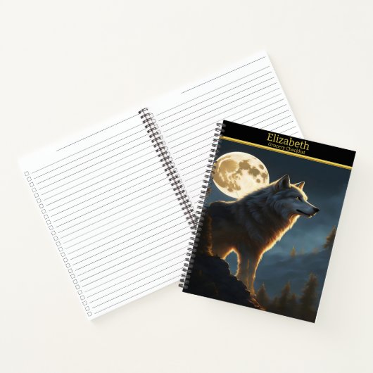Een wolf huilt 's nachts onder een volle maan notitieboek (Binnen)