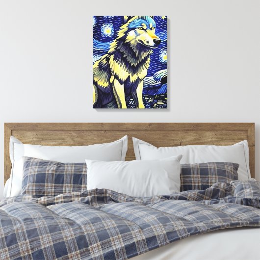 Een wolf in de Sterrennacht Canvas Afdruk (Insitu (Slaapkamer))