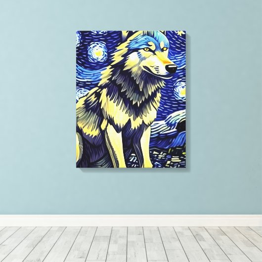 Een wolf in de Sterrennacht Canvas Afdruk (Insitu (Houten vloer))