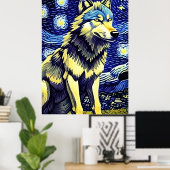 Een wolf in de Sterrennacht Poster (Thuiskantoor)