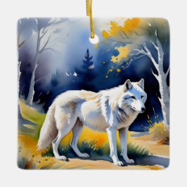 Een wolf in een bos waterverf schilderij keramisch ornament