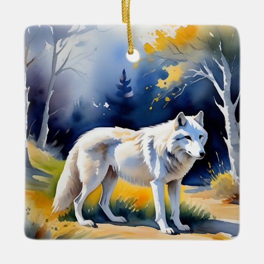 Een wolf in een bos waterverf schilderij keramisch ornament (Voorkant)