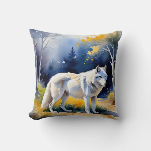 Een wolf in een bos waterverf schilderij kussen