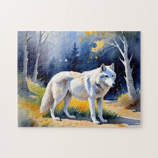 Een wolf in een bos waterverf schilderij legpuzzel (Horizontaal)