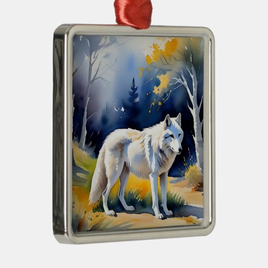 Een wolf in een bos waterverf schilderij metalen ornament (Rechts)