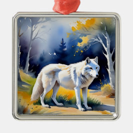 Een wolf in een bos waterverf schilderij metalen ornament