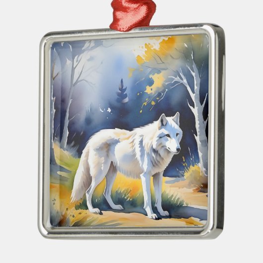 Een wolf in een bos waterverf schilderij metalen ornament (Links)