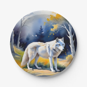 Een wolf in een bos waterverf schilderij papieren bordje