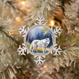 Een wolf in een bos waterverf schilderij tin sneeuwvlok ornament
