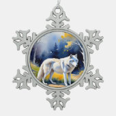 Een wolf in een bos waterverf schilderij tin sneeuwvlok ornament (Voorkant)