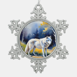 Een wolf in een bos waterverf schilderij tin sneeuwvlok ornament