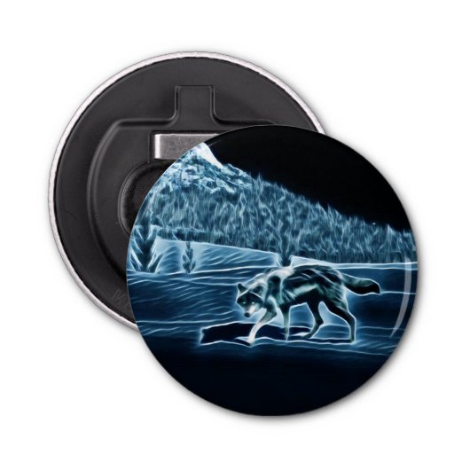 Een wolf op sneeuw button flesopener (Voorkant)
