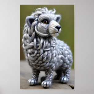 Een wollige sculptuur van een kleine leeuw poster