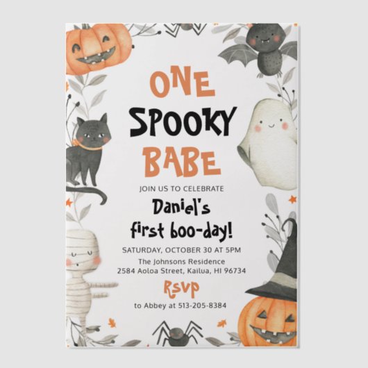 Eén woordy Babe Cute Halloween Ghost 1e verjaardag Vellum Uitnodigingen (Voorkant)