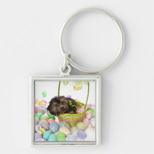 Een Yorkie-poopuppy die een paasmandje tegenkomt Sleutelhanger