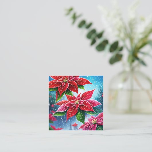 Een zachte regen van rode en roze poinsettia bloem vierkante visitekaartje (Staand voorkant)