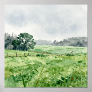 Een zachte zomerse regen spoelt over de weelderige poster