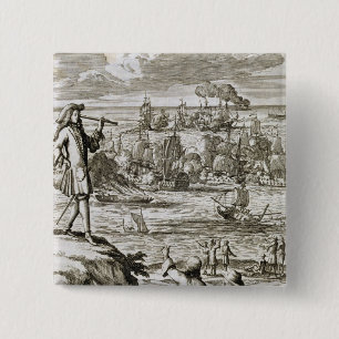 Een Zee door een telescoop bekijken, illustreer Vierkante Button 5,1 Cm