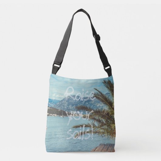 Een zeebaars met bergen en een palmboom crossbody tas (Voorkant)