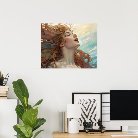 Een zeemeermin zingt tegen het poster van de zon (Thuiskantoor)