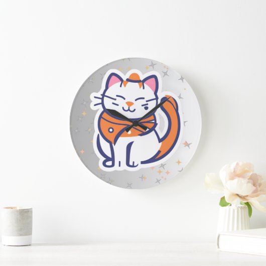 Een zeer gelukkige witte en roze smoking kat Wall Grote Klok (Huis)