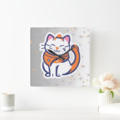 Een zeer gelukkige witte en roze smoking kat Wall Vierkante Klok (Huis)