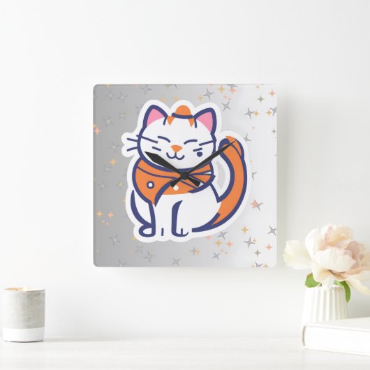 Een zeer gelukkige witte en roze smoking kat Wall  Vierkante Klok (Huis)