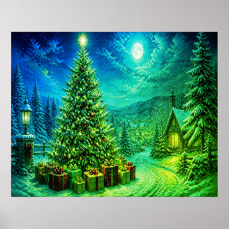 Een zeer groene+blauwe kerstboom naast de straat poster