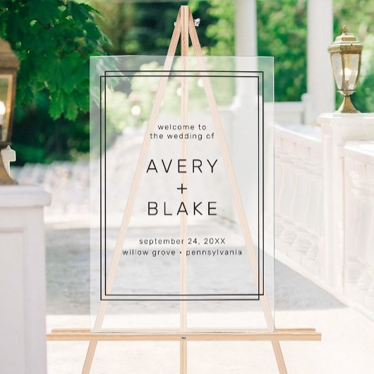 Een zeer moderne minimalistische bruiloft welkom acryl bord