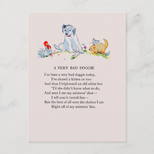 Een zeer slechte doggie, gedicht en tekening briefkaart (Voorkant)