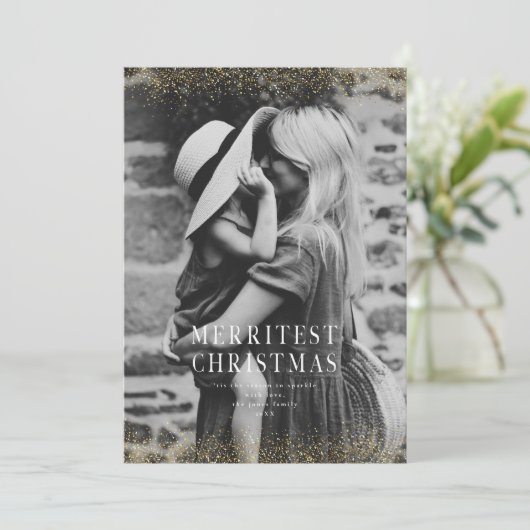 Een zeer sprankelende vrolijke kerst glitter goude kaart (Staand voorkant)