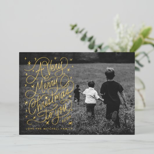 Een zeer vrolijke kerst hand-belettering foto kaar folie uitnodiging (Staand Voorkant)