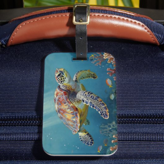 Een zeeschildpad en zonnestralen in de blauwe ocea bagagelabel (Voorkant Insitu 2)