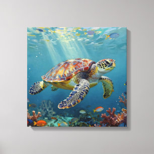 Een zeeschildpad en zonnestralen in de blauwe ocea canvas afdruk