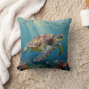 Een zeeschildpad en zonnestralen in de blauwe ocea kussen