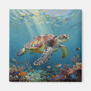 Een zeeschildpad en zonnestralen in de blauwe ocea magneet