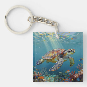 Een zeeschildpad en zonnestralen in de blauwe ocea sleutelhanger