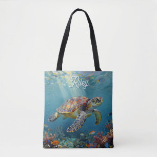 Een zeeschildpad en zonnestralen in de blauwe ocea tote bag