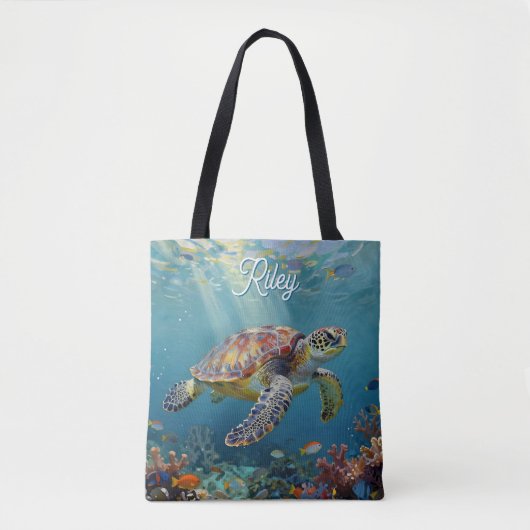 Een zeeschildpad en zonnestralen in de blauwe ocea tote bag (Voorkant)