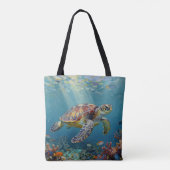 Een zeeschildpad en zonnestralen in de blauwe ocea tote bag (Achterkant)