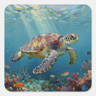 Een zeeschildpad-thema turquoise vierkante sticker