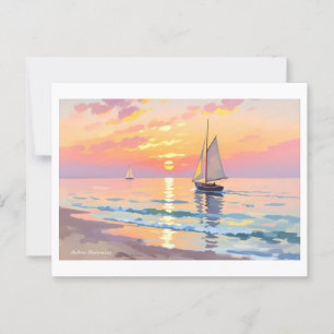 Een zeilschip bij zonsondergang op het zee briefkaart